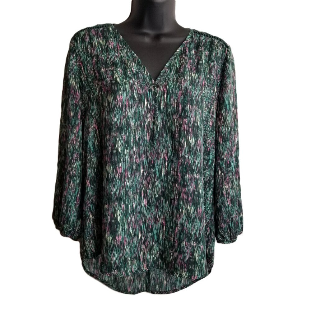 Women Small Green Pink Abstract Watercolor Blouse 3/4 Sleeve Collective Concepts